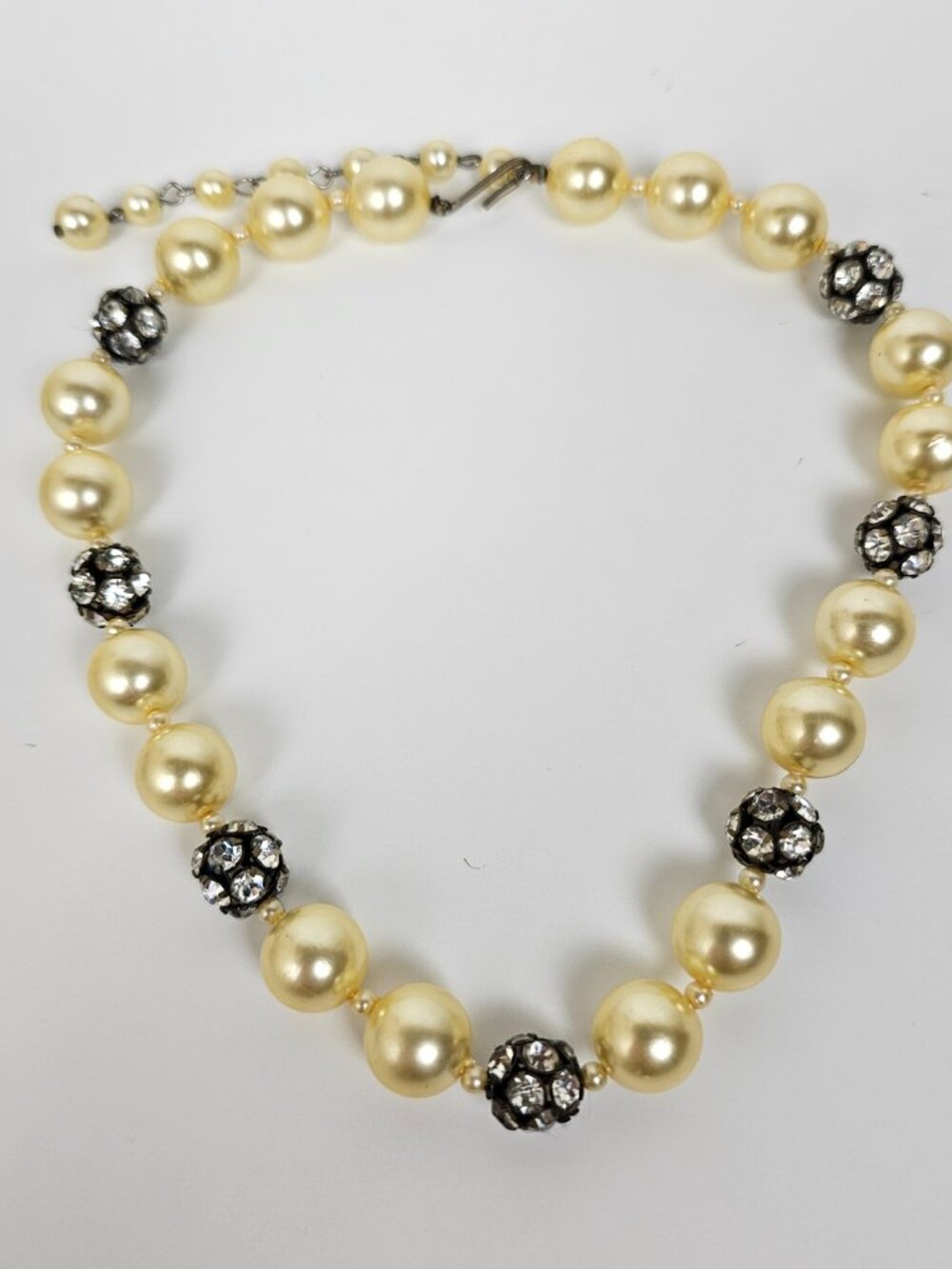 Vintage Yellow Faux Pearl Crystal Glass Bead Rhinestone Rondelle Choker Necklace - Picture 4 of 10